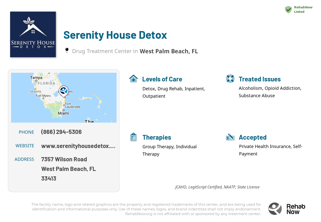 Helpful reference information for Serenity House Detox, a drug treatment center in Florida located at: 7357 Wilson Road, West Palm Beach, FL, 33413, including phone numbers, official website, and more. Listed briefly is an overview of Levels of Care, Therapies Offered, Issues Treated, and accepted forms of Payment Methods.