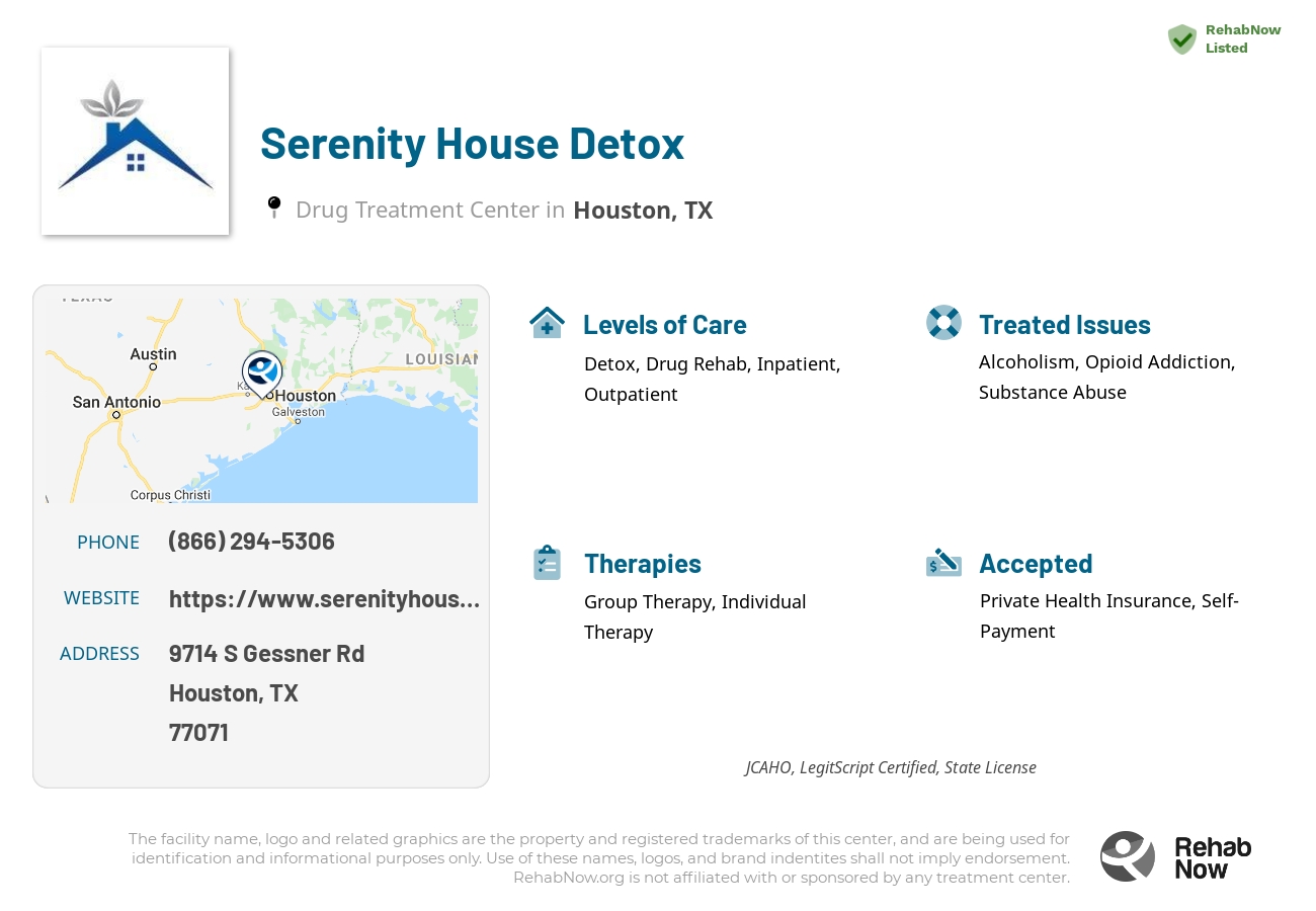 Helpful reference information for Serenity House Detox, a drug treatment center in Texas located at: 9714 S Gessner Rd, Houston, TX 77071, including phone numbers, official website, and more. Listed briefly is an overview of Levels of Care, Therapies Offered, Issues Treated, and accepted forms of Payment Methods.