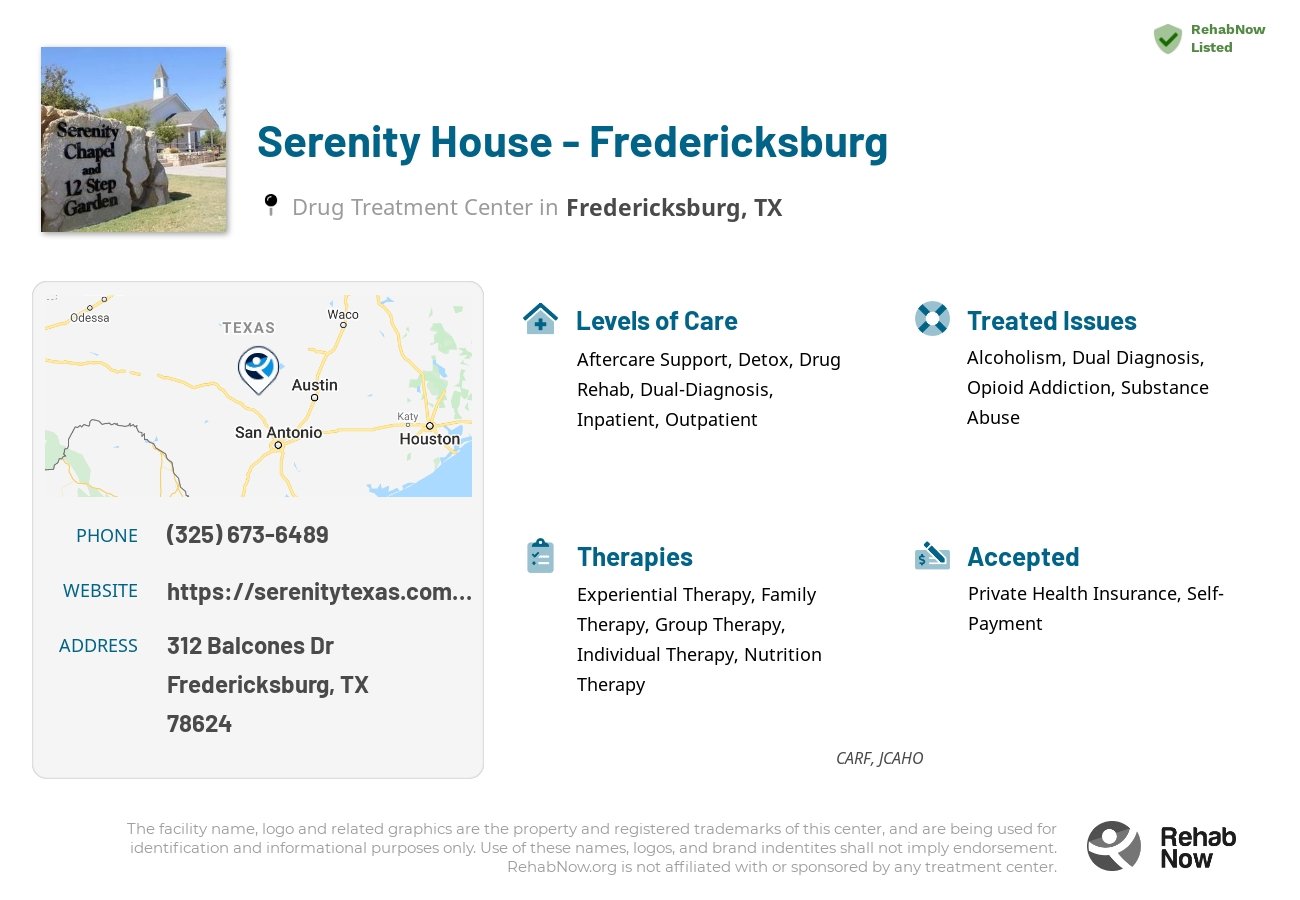 Helpful reference information for Serenity House - Fredericksburg, a drug treatment center in Texas located at: 312 Balcones Dr, Fredericksburg, TX 78624, including phone numbers, official website, and more. Listed briefly is an overview of Levels of Care, Therapies Offered, Issues Treated, and accepted forms of Payment Methods.