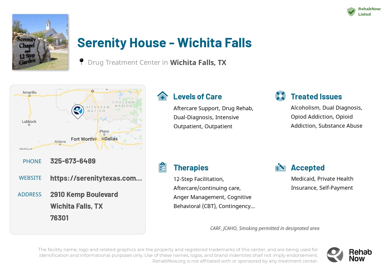 Helpful reference information for Serenity House - Wichita Falls, a drug treatment center in Texas located at: 2910 Kemp Boulevard, Wichita Falls, TX, 76301, including phone numbers, official website, and more. Listed briefly is an overview of Levels of Care, Therapies Offered, Issues Treated, and accepted forms of Payment Methods.