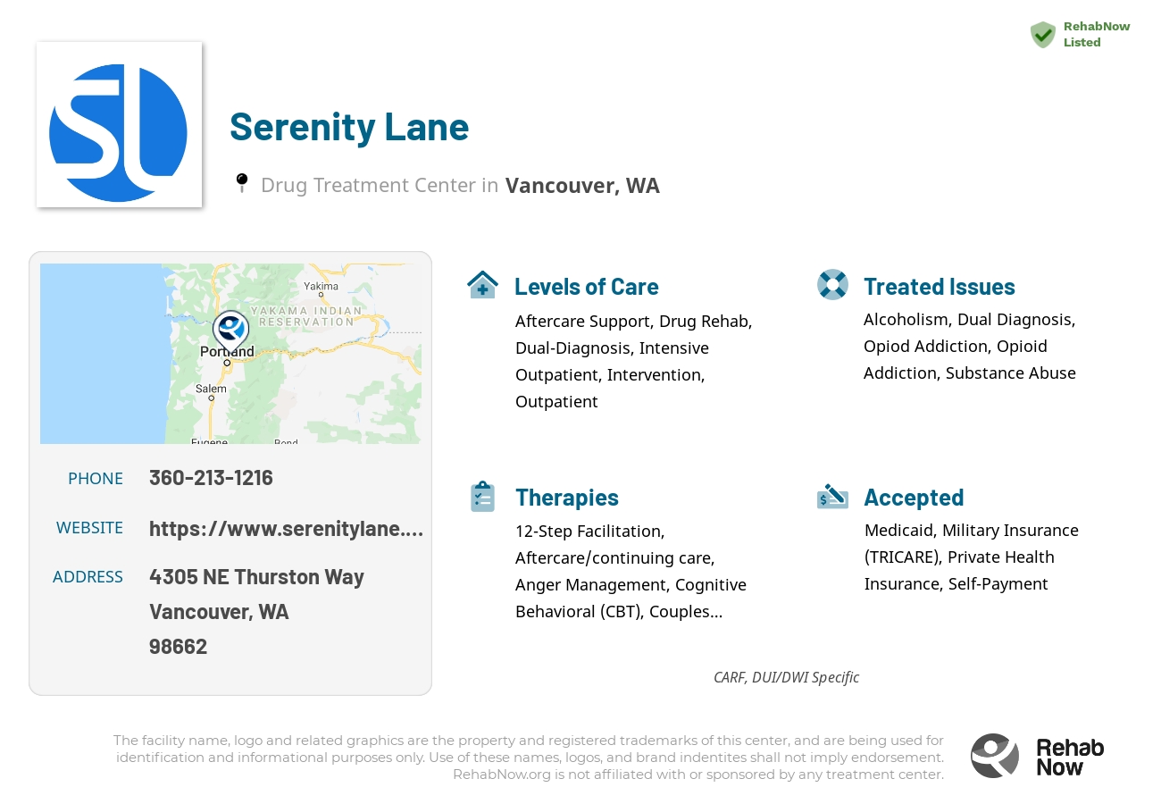 Helpful reference information for Serenity Lane, a drug treatment center in Washington located at: 4305 NE Thurston Way, Vancouver, WA 98662, including phone numbers, official website, and more. Listed briefly is an overview of Levels of Care, Therapies Offered, Issues Treated, and accepted forms of Payment Methods.