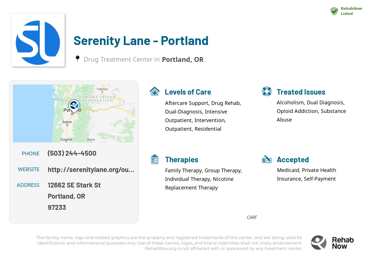 Helpful reference information for Serenity Lane - Portland, a drug treatment center in Oregon located at: 12662 SE Stark St, Portland, OR 97233, including phone numbers, official website, and more. Listed briefly is an overview of Levels of Care, Therapies Offered, Issues Treated, and accepted forms of Payment Methods.