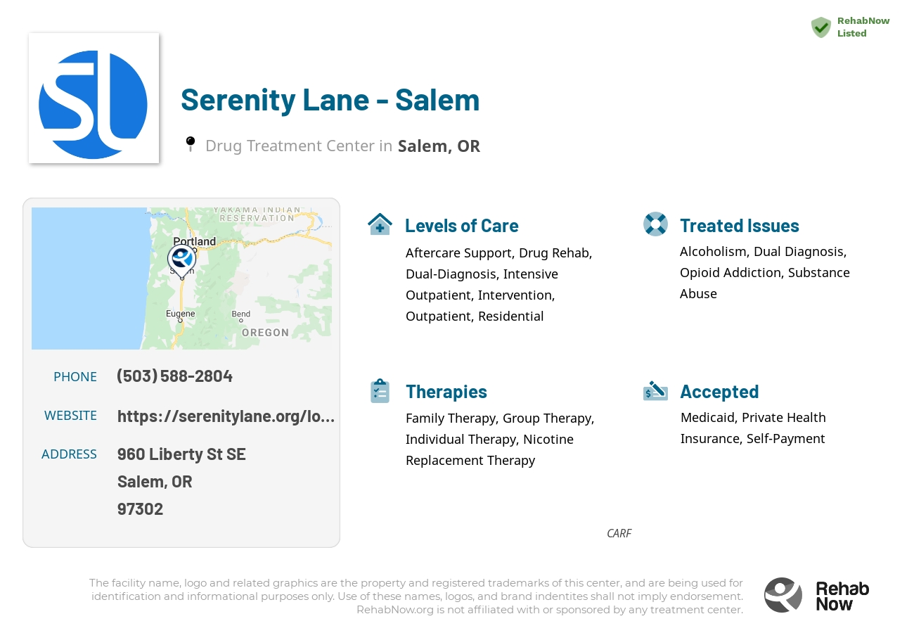 Helpful reference information for Serenity Lane - Salem, a drug treatment center in Oregon located at: 960 Liberty St SE, Salem, OR 97302, including phone numbers, official website, and more. Listed briefly is an overview of Levels of Care, Therapies Offered, Issues Treated, and accepted forms of Payment Methods.