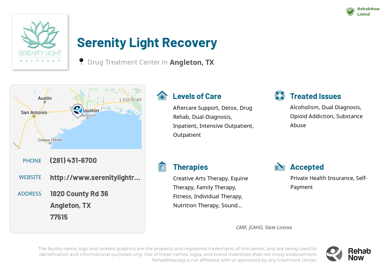 Helpful reference information for Serenity Light Recovery, a drug treatment center in Texas located at: 1820 County Rd 36, Angleton, TX, 77515, including phone numbers, official website, and more. Listed briefly is an overview of Levels of Care, Therapies Offered, Issues Treated, and accepted forms of Payment Methods.