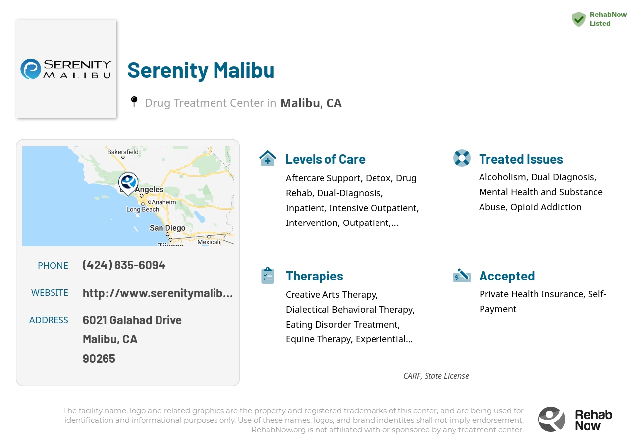 Helpful reference information for Serenity Malibu, a drug treatment center in California located at: 6021 Galahad Drive, Malibu, CA, 90265, including phone numbers, official website, and more. Listed briefly is an overview of Levels of Care, Therapies Offered, Issues Treated, and accepted forms of Payment Methods.