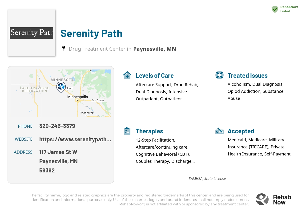 Helpful reference information for Serenity Path, a drug treatment center in Minnesota located at: 117 James St W, Paynesville, MN 56362, including phone numbers, official website, and more. Listed briefly is an overview of Levels of Care, Therapies Offered, Issues Treated, and accepted forms of Payment Methods.