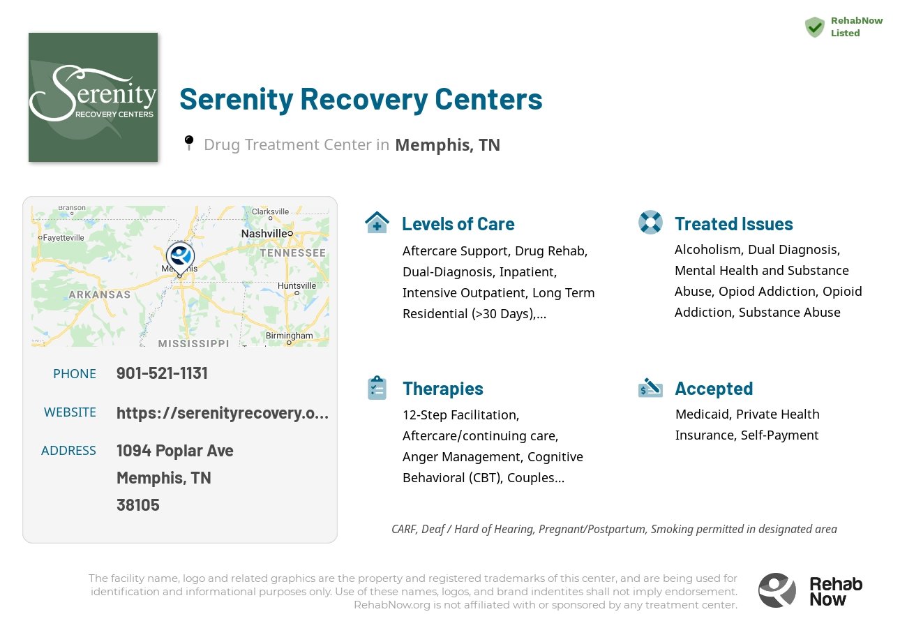 Helpful reference information for Serenity Recovery Centers, a drug treatment center in Tennessee located at: 1094 Poplar Ave, Memphis, TN 38105, including phone numbers, official website, and more. Listed briefly is an overview of Levels of Care, Therapies Offered, Issues Treated, and accepted forms of Payment Methods.