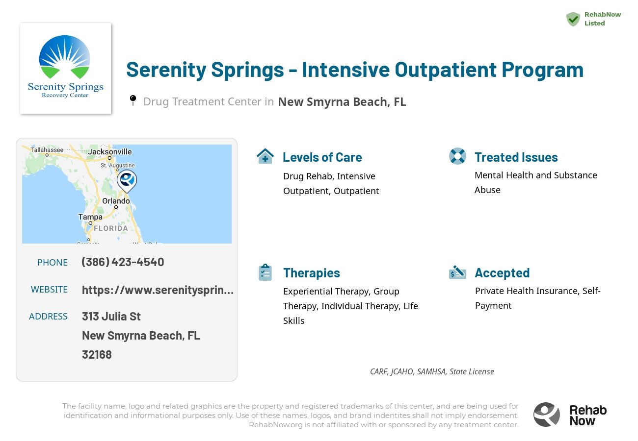Helpful reference information for Serenity Springs - Intensive Outpatient Program, a drug treatment center in Florida located at: 313 Julia St Suite A, New Smyrna Beach, FL, 32168, including phone numbers, official website, and more. Listed briefly is an overview of Levels of Care, Therapies Offered, Issues Treated, and accepted forms of Payment Methods.