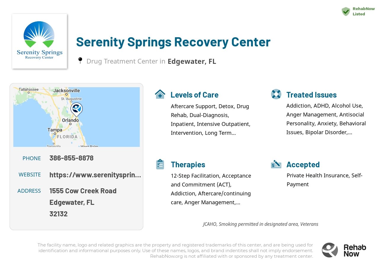 Helpful reference information for Serenity Springs Recovery Center, a drug treatment center in Florida located at: 1555 Cow Creek Road, Edgewater, FL 32132, including phone numbers, official website, and more. Listed briefly is an overview of Levels of Care, Therapies Offered, Issues Treated, and accepted forms of Payment Methods.