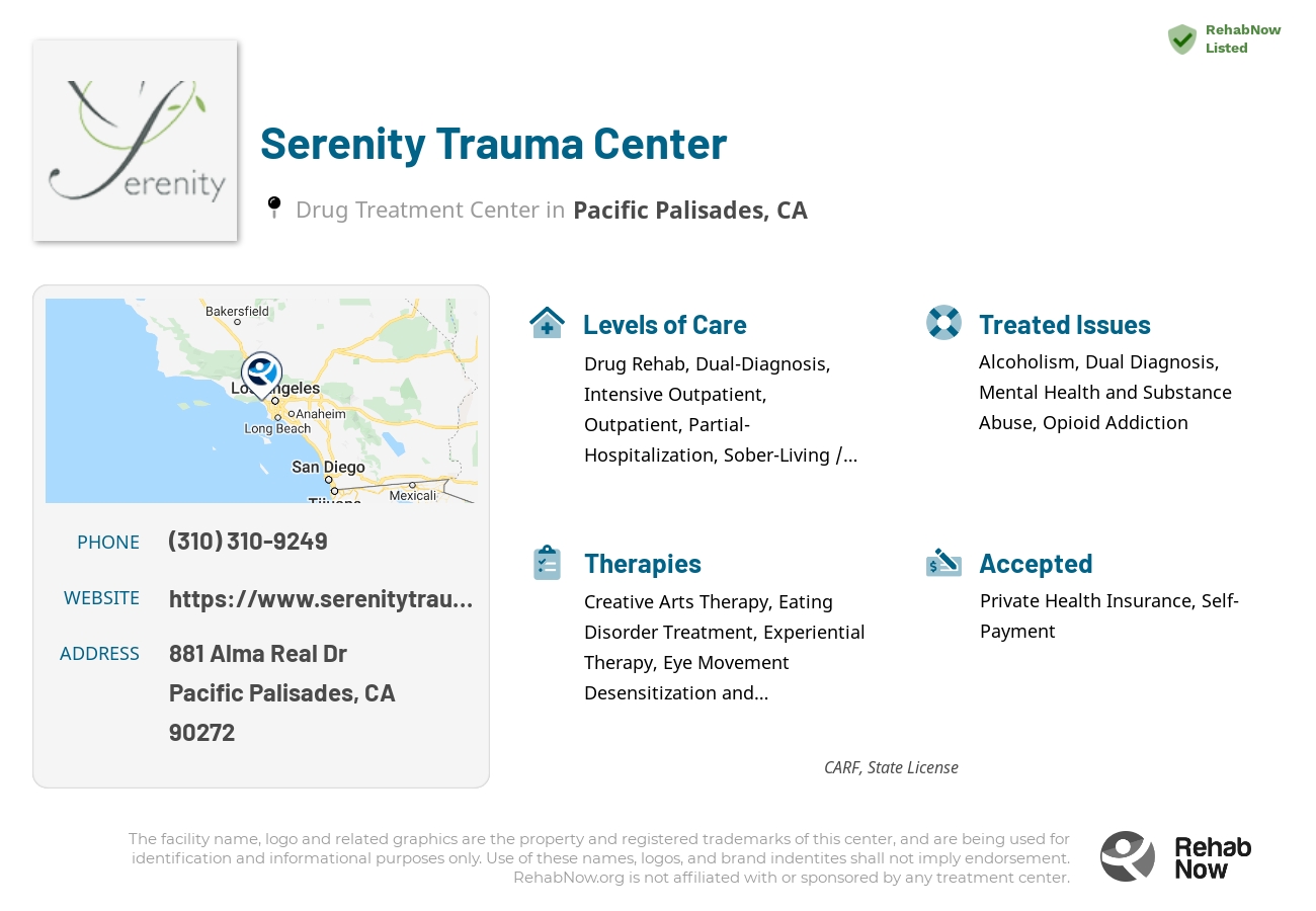 Helpful reference information for Serenity Trauma Center, a drug treatment center in California located at: 881 Alma Real Dr, Pacific Palisades, CA 90272, including phone numbers, official website, and more. Listed briefly is an overview of Levels of Care, Therapies Offered, Issues Treated, and accepted forms of Payment Methods.
