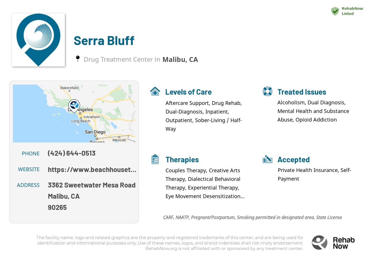 Helpful reference information for Serra Bluff, a drug treatment center in California located at: 3362 Sweetwater Mesa Road, Malibu, CA, 90265, including phone numbers, official website, and more. Listed briefly is an overview of Levels of Care, Therapies Offered, Issues Treated, and accepted forms of Payment Methods.
