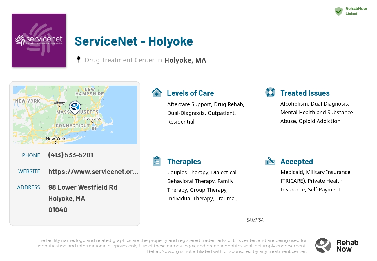 Helpful reference information for ServiceNet - Holyoke, a drug treatment center in Massachusetts located at: 98 Lower Westfield Rd, Holyoke, MA 01040, including phone numbers, official website, and more. Listed briefly is an overview of Levels of Care, Therapies Offered, Issues Treated, and accepted forms of Payment Methods.