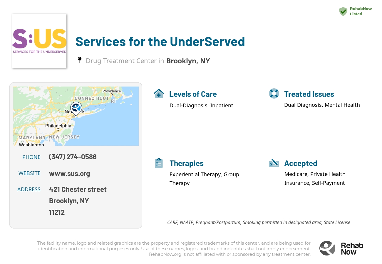 Helpful reference information for Services for the UnderServed, a drug treatment center in New York located at: 421 Chester street, Brooklyn, NY, 11212, including phone numbers, official website, and more. Listed briefly is an overview of Levels of Care, Therapies Offered, Issues Treated, and accepted forms of Payment Methods.