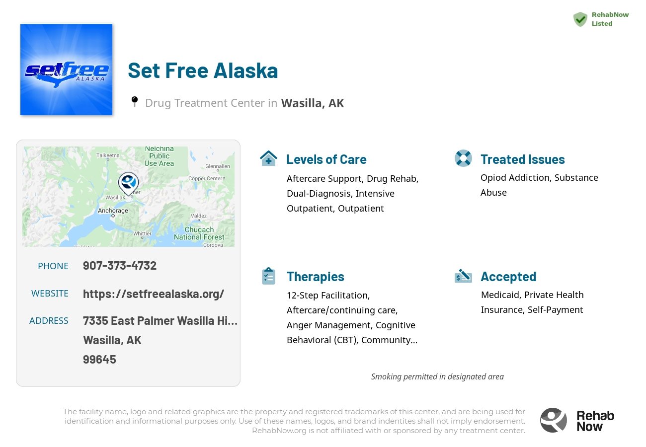 Helpful reference information for Set Free Alaska, a drug treatment center in Alaska located at: 7335 East Palmer Wasilla Highway Suite 2-C, Wasilla, AK 99645, including phone numbers, official website, and more. Listed briefly is an overview of Levels of Care, Therapies Offered, Issues Treated, and accepted forms of Payment Methods.