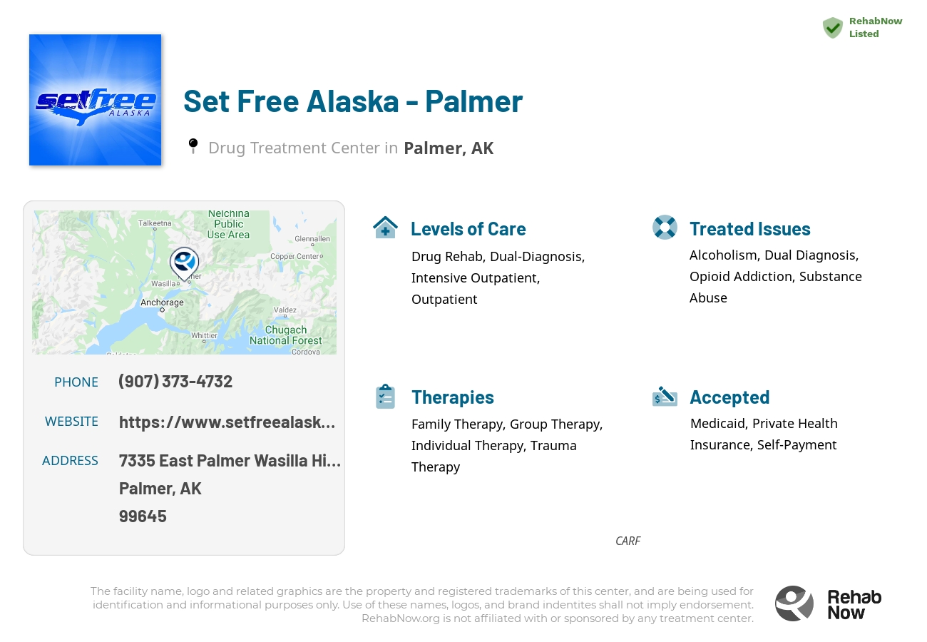 Helpful reference information for Set Free Alaska - Palmer, a drug treatment center in Alaska located at: 7335 East Palmer Wasilla Highway, Palmer, AK, 99645, including phone numbers, official website, and more. Listed briefly is an overview of Levels of Care, Therapies Offered, Issues Treated, and accepted forms of Payment Methods.