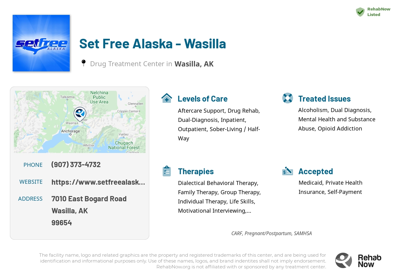 Helpful reference information for Set Free Alaska - Wasilla, a drug treatment center in Alaska located at: 7010 East Bogard Road, Wasilla, AK, 99654, including phone numbers, official website, and more. Listed briefly is an overview of Levels of Care, Therapies Offered, Issues Treated, and accepted forms of Payment Methods.