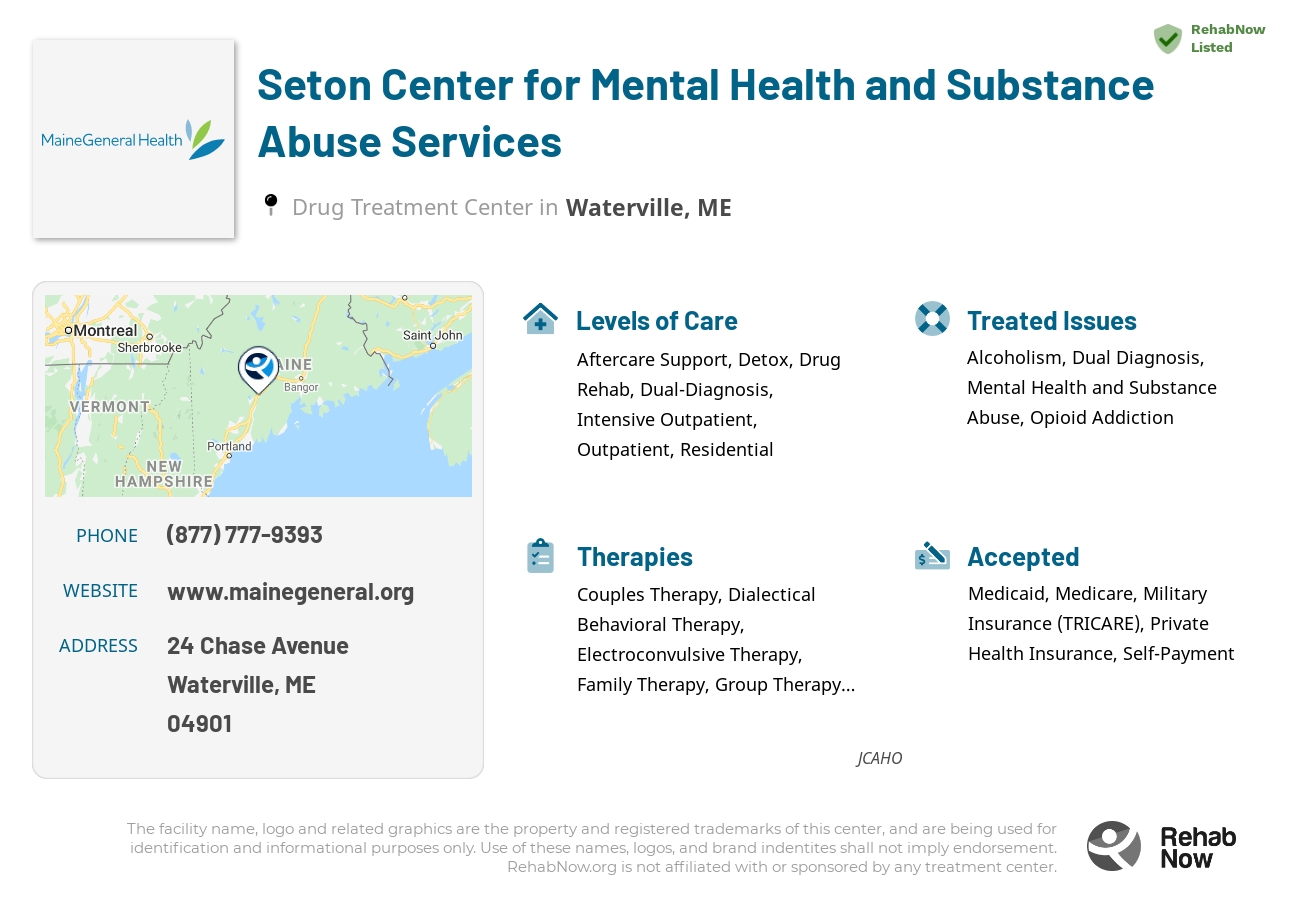 Helpful reference information for Seton Center for Mental Health and Substance Abuse Services, a drug treatment center in Maine located at: 24 Chase Avenue, Waterville, ME, 04901, including phone numbers, official website, and more. Listed briefly is an overview of Levels of Care, Therapies Offered, Issues Treated, and accepted forms of Payment Methods.