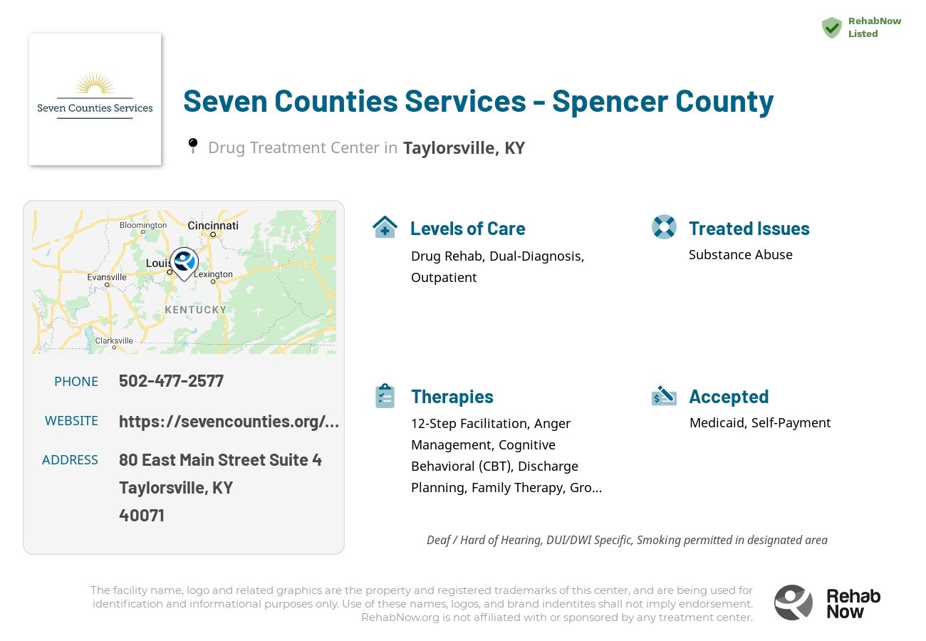 Helpful reference information for Seven Counties Services - Spencer County, a drug treatment center in Kentucky located at: 80 East Main Street Suite 4, Taylorsville, KY 40071, including phone numbers, official website, and more. Listed briefly is an overview of Levels of Care, Therapies Offered, Issues Treated, and accepted forms of Payment Methods.