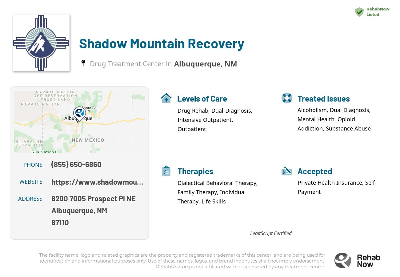 Helpful reference information for Shadow Mountain Recovery, a drug treatment center in Colorado located at: 8200 7005 Prospect Pl NE, Albuquerque, NM 87110, including phone numbers, official website, and more. Listed briefly is an overview of Levels of Care, Therapies Offered, Issues Treated, and accepted forms of Payment Methods.