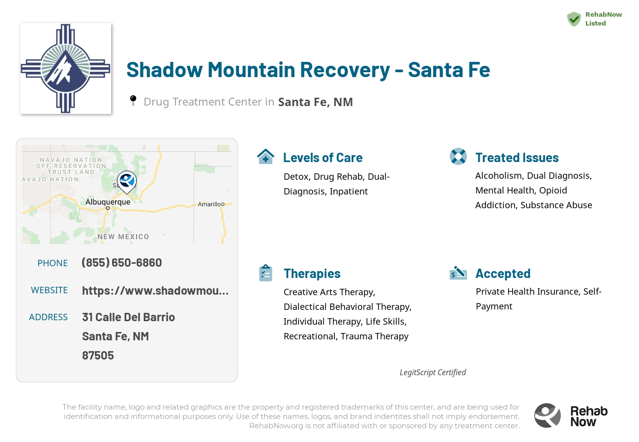 Helpful reference information for Shadow Mountain Recovery - Santa Fe, a drug treatment center in New Mexico located at: 31 Calle Del Barrio, Santa Fe, NM, 87505, including phone numbers, official website, and more. Listed briefly is an overview of Levels of Care, Therapies Offered, Issues Treated, and accepted forms of Payment Methods.