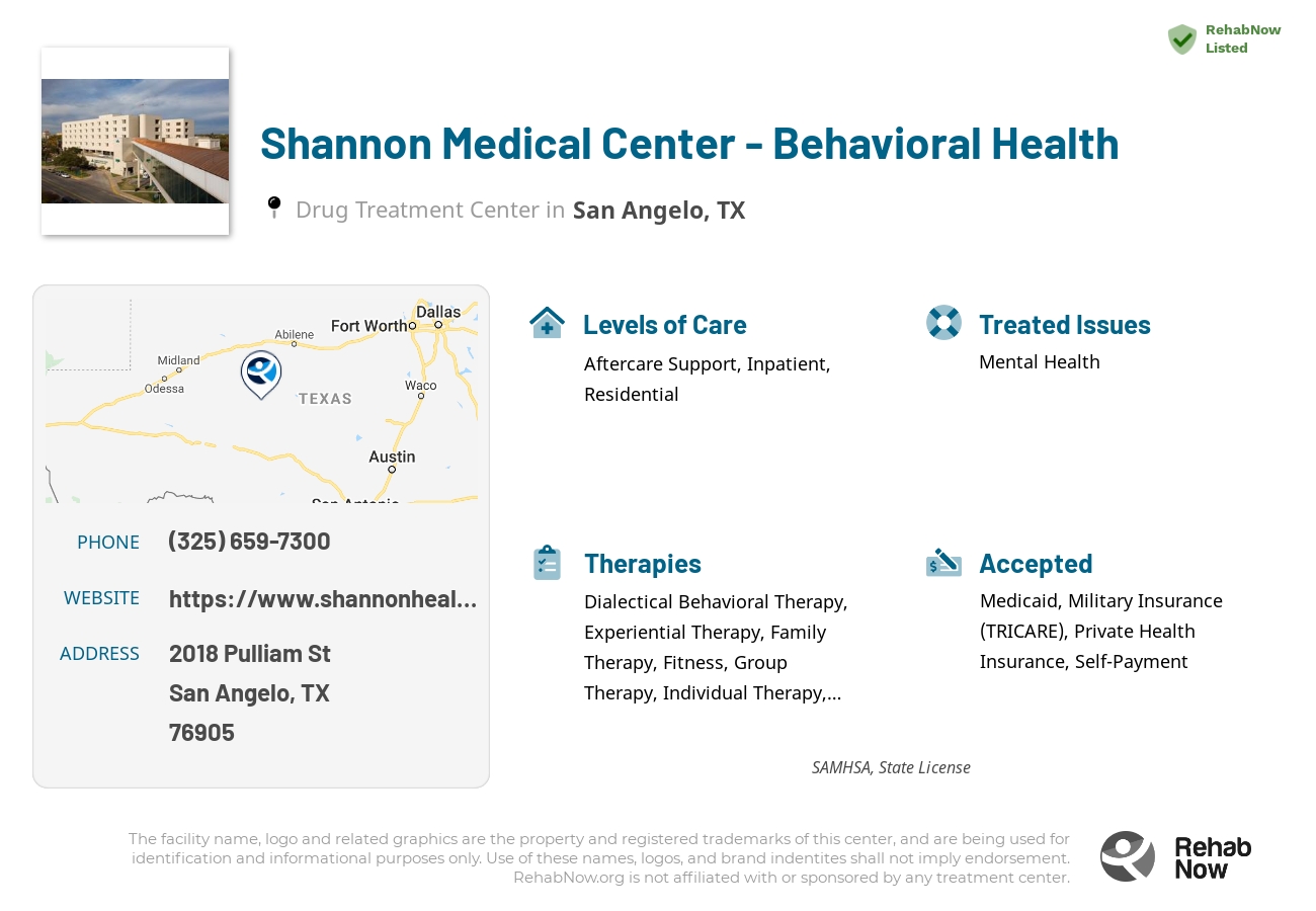 Helpful reference information for Shannon Medical Center - Behavioral Health, a drug treatment center in Texas located at: 2018 Pulliam St, San Angelo, TX 76905, including phone numbers, official website, and more. Listed briefly is an overview of Levels of Care, Therapies Offered, Issues Treated, and accepted forms of Payment Methods.