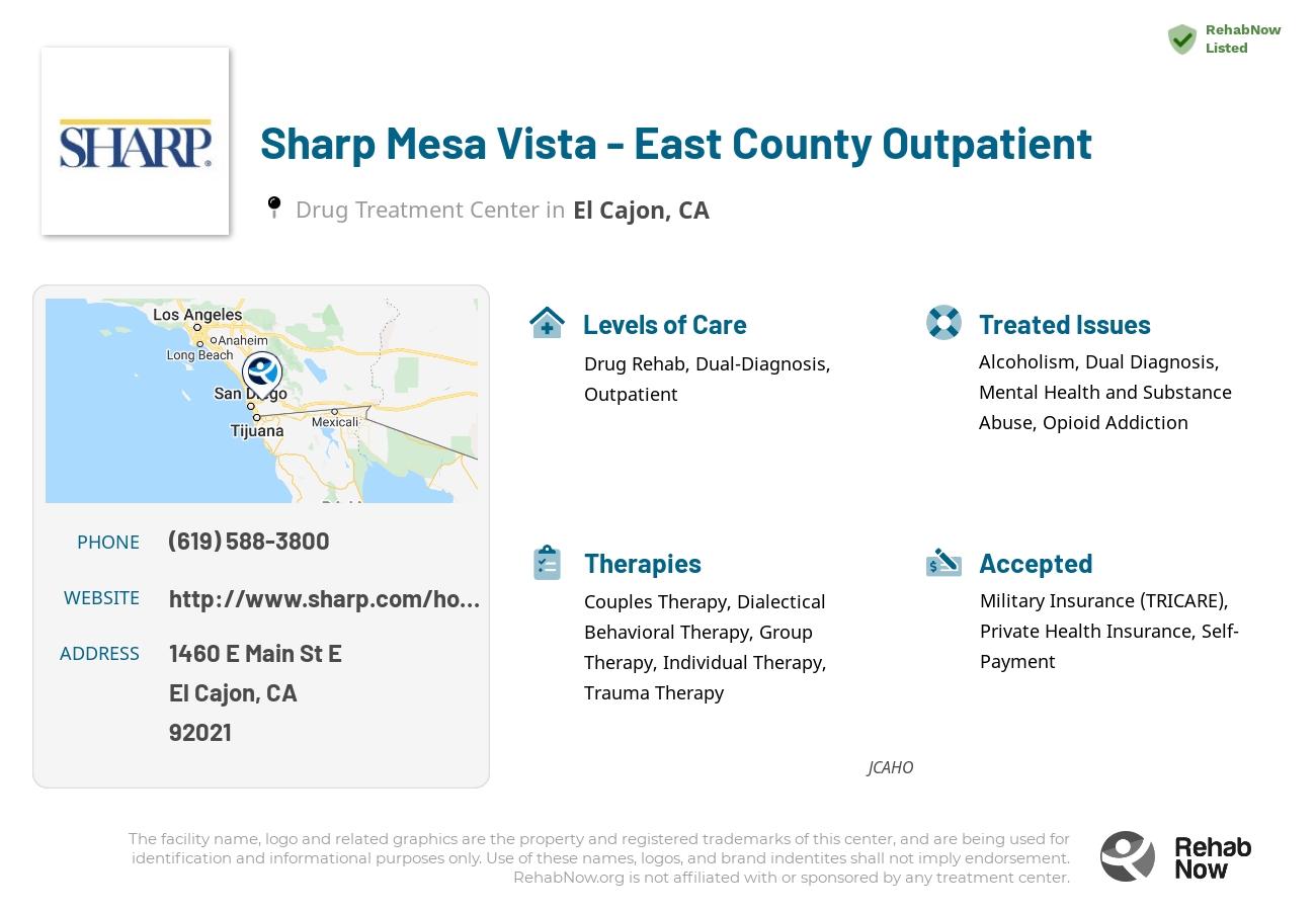 Helpful reference information for Sharp Mesa Vista - East County Outpatient, a drug treatment center in California located at: 1460 E Main St E, El Cajon, CA 92021, including phone numbers, official website, and more. Listed briefly is an overview of Levels of Care, Therapies Offered, Issues Treated, and accepted forms of Payment Methods.