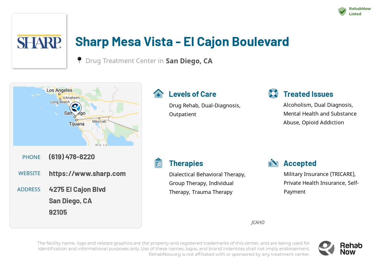 Helpful reference information for Sharp Mesa Vista - El Cajon Boulevard, a drug treatment center in California located at: 4275 El Cajon Blvd, San Diego, CA 92105, including phone numbers, official website, and more. Listed briefly is an overview of Levels of Care, Therapies Offered, Issues Treated, and accepted forms of Payment Methods.
