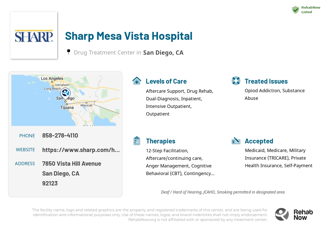 Helpful reference information for Sharp Mesa Vista Hospital, a drug treatment center in California located at: 7850 Vista Hill Avenue, San Diego, CA 92123, including phone numbers, official website, and more. Listed briefly is an overview of Levels of Care, Therapies Offered, Issues Treated, and accepted forms of Payment Methods.