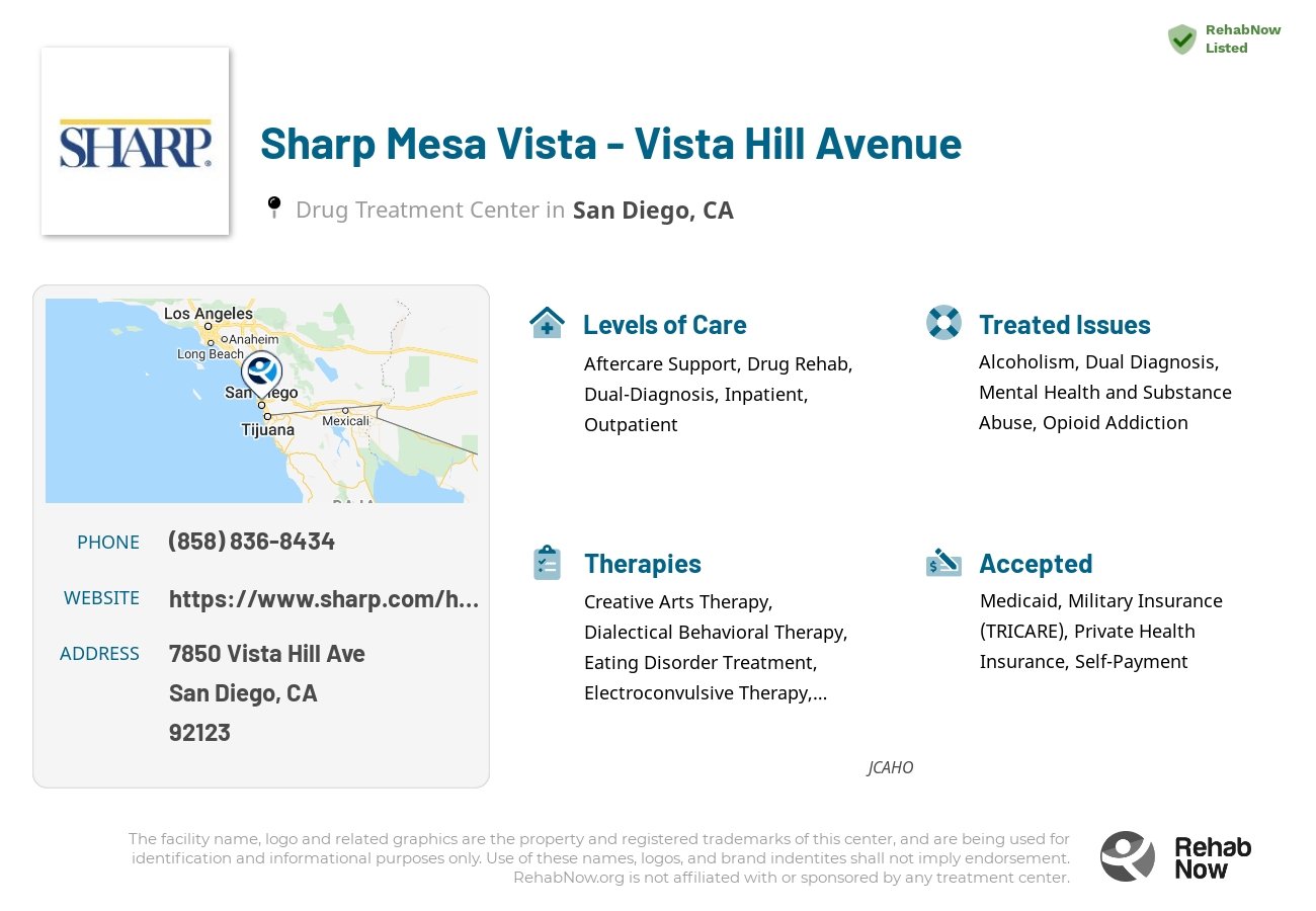 Helpful reference information for Sharp Mesa Vista - Vista Hill Avenue, a drug treatment center in California located at: 7850 Vista Hill Ave, San Diego, CA 92123, including phone numbers, official website, and more. Listed briefly is an overview of Levels of Care, Therapies Offered, Issues Treated, and accepted forms of Payment Methods.