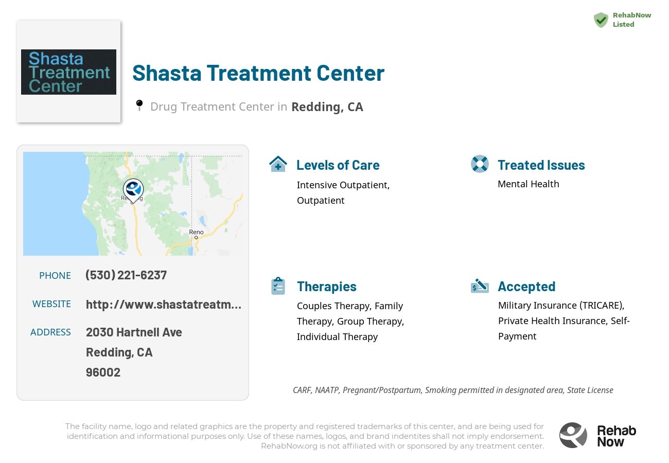 Helpful reference information for Shasta Treatment Center, a drug treatment center in California located at: 2030 Hartnell Ave, Redding, CA 96002, including phone numbers, official website, and more. Listed briefly is an overview of Levels of Care, Therapies Offered, Issues Treated, and accepted forms of Payment Methods.