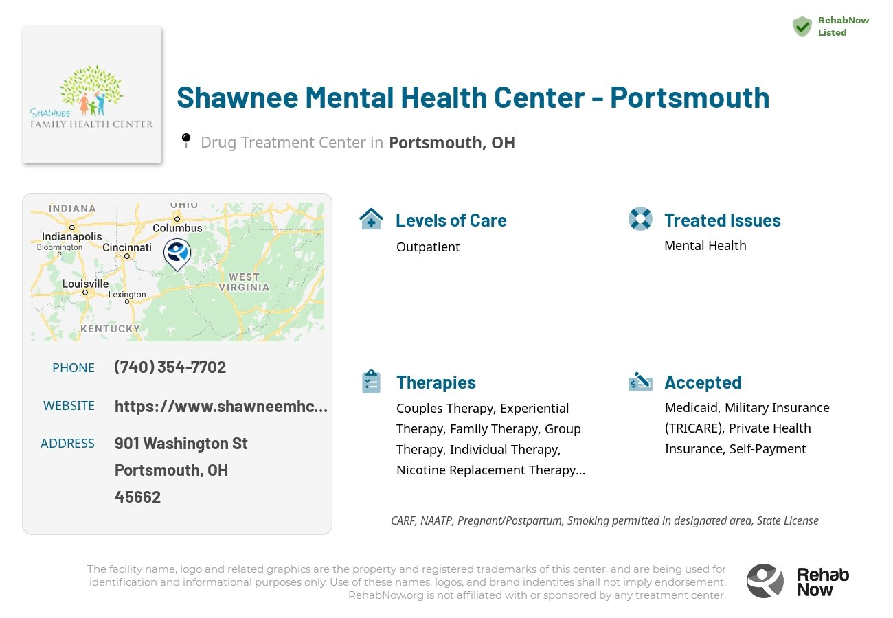 Helpful reference information for Shawnee Mental Health Center - Portsmouth, a drug treatment center in Ohio located at: 901 Washington St, Portsmouth, OH 45662, including phone numbers, official website, and more. Listed briefly is an overview of Levels of Care, Therapies Offered, Issues Treated, and accepted forms of Payment Methods.
