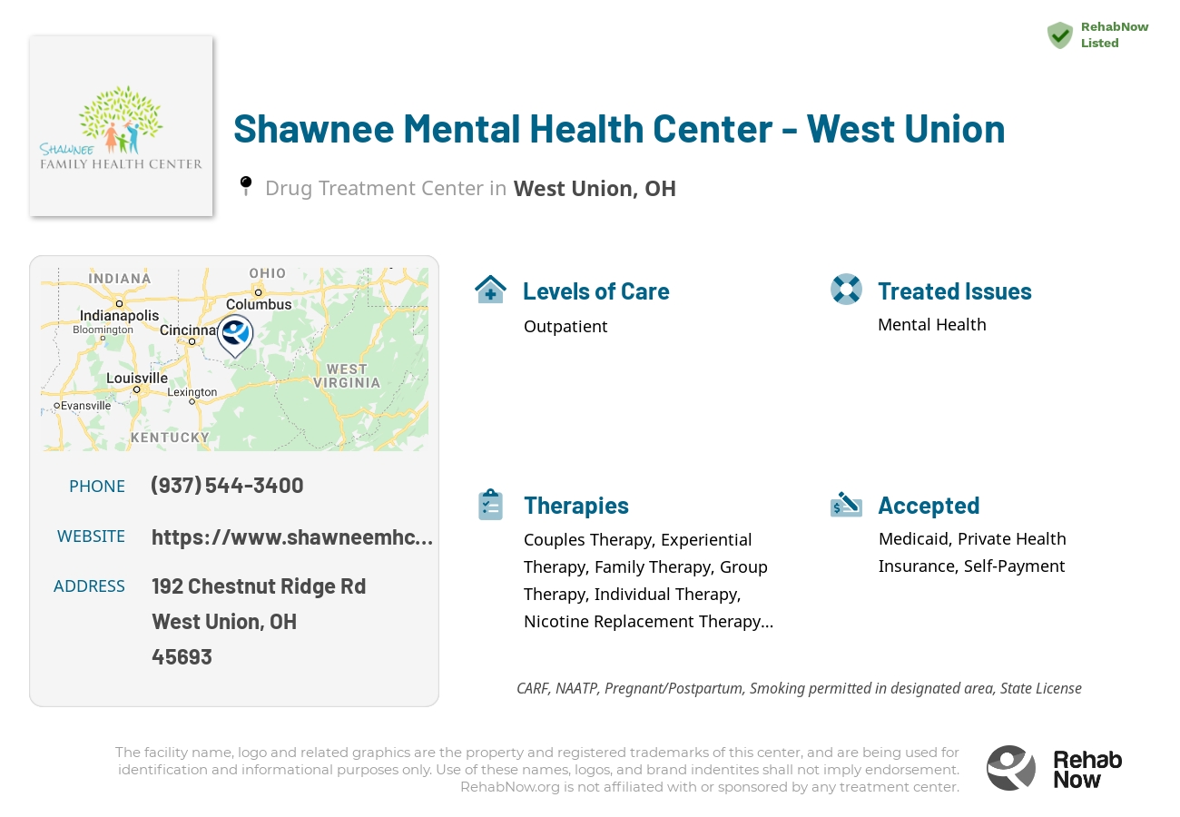 Helpful reference information for Shawnee Mental Health Center - West Union, a drug treatment center in Ohio located at: 192 Chestnut Ridge Rd, West Union, OH 45693, including phone numbers, official website, and more. Listed briefly is an overview of Levels of Care, Therapies Offered, Issues Treated, and accepted forms of Payment Methods.