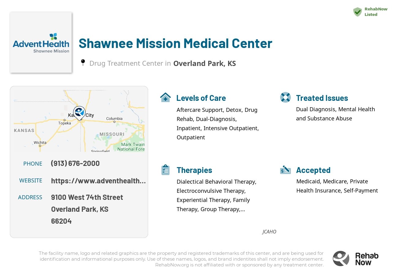 Helpful reference information for Shawnee Mission Medical Center, a drug treatment center in Kansas located at: 9100 West 74th Street, Overland Park, KS, 66204, including phone numbers, official website, and more. Listed briefly is an overview of Levels of Care, Therapies Offered, Issues Treated, and accepted forms of Payment Methods.