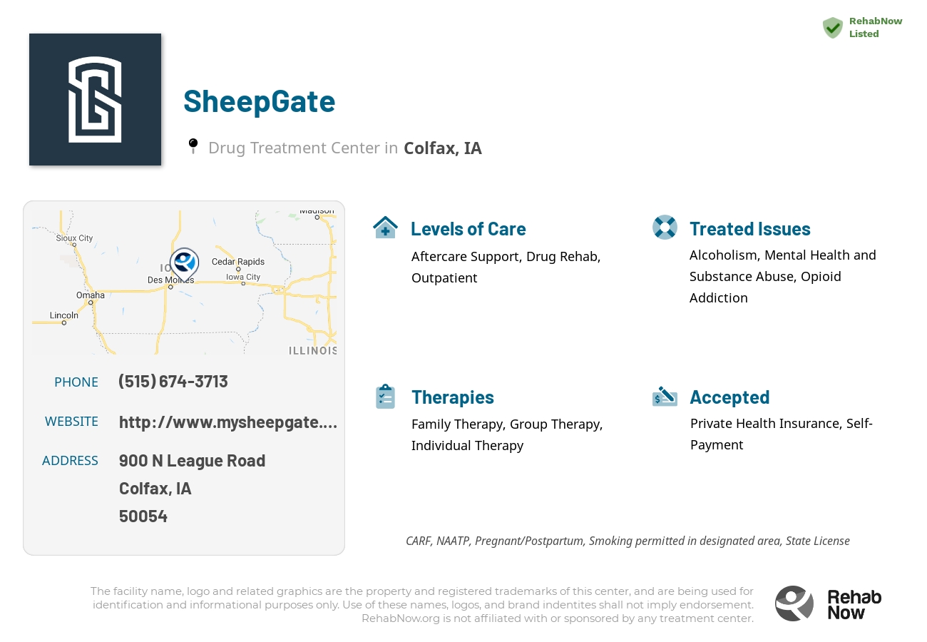 Helpful reference information for SheepGate, a drug treatment center in Iowa located at: 900 N League Road, Colfax, IA, 50054, including phone numbers, official website, and more. Listed briefly is an overview of Levels of Care, Therapies Offered, Issues Treated, and accepted forms of Payment Methods.