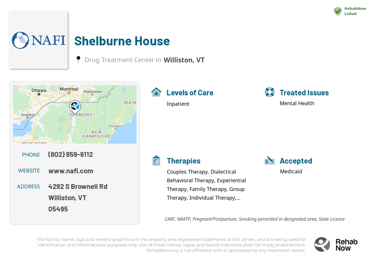 Helpful reference information for Shelburne House, a drug treatment center in Vermont located at: 4292 S Brownell Rd, Williston, VT 05495, including phone numbers, official website, and more. Listed briefly is an overview of Levels of Care, Therapies Offered, Issues Treated, and accepted forms of Payment Methods.