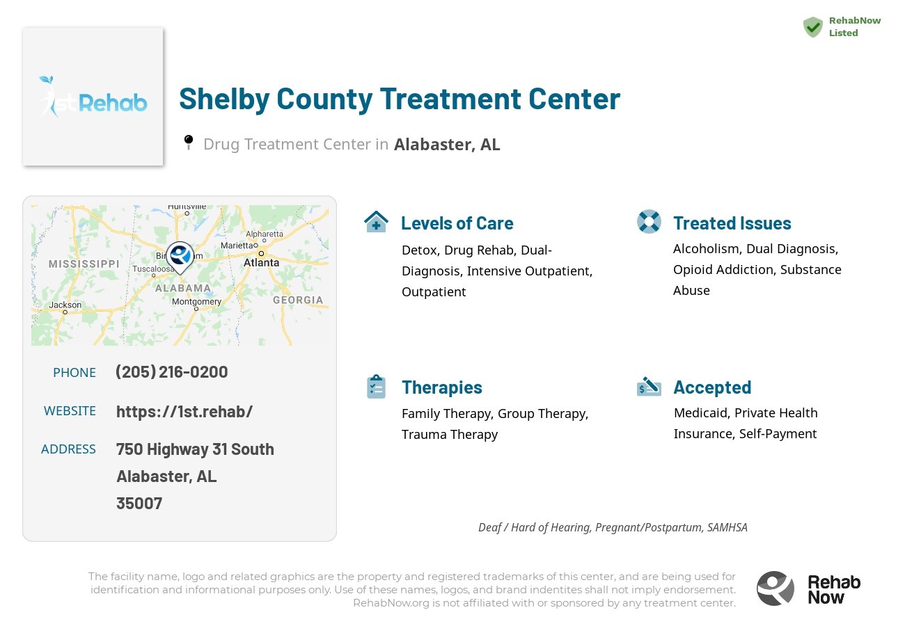 Helpful reference information for Shelby County Treatment Center, a drug treatment center in Alabama located at: 750 Highway 31 South, Alabaster, AL, 35007, including phone numbers, official website, and more. Listed briefly is an overview of Levels of Care, Therapies Offered, Issues Treated, and accepted forms of Payment Methods.