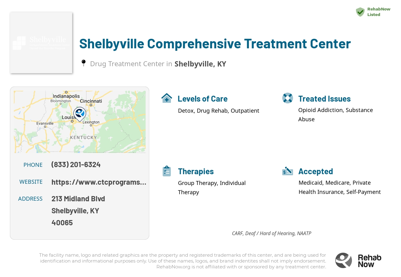 Helpful reference information for Shelbyville Comprehensive Treatment Center, a drug treatment center in Kentucky located at: 213 Midland Blvd, Shelbyville, KY, 40065, including phone numbers, official website, and more. Listed briefly is an overview of Levels of Care, Therapies Offered, Issues Treated, and accepted forms of Payment Methods.