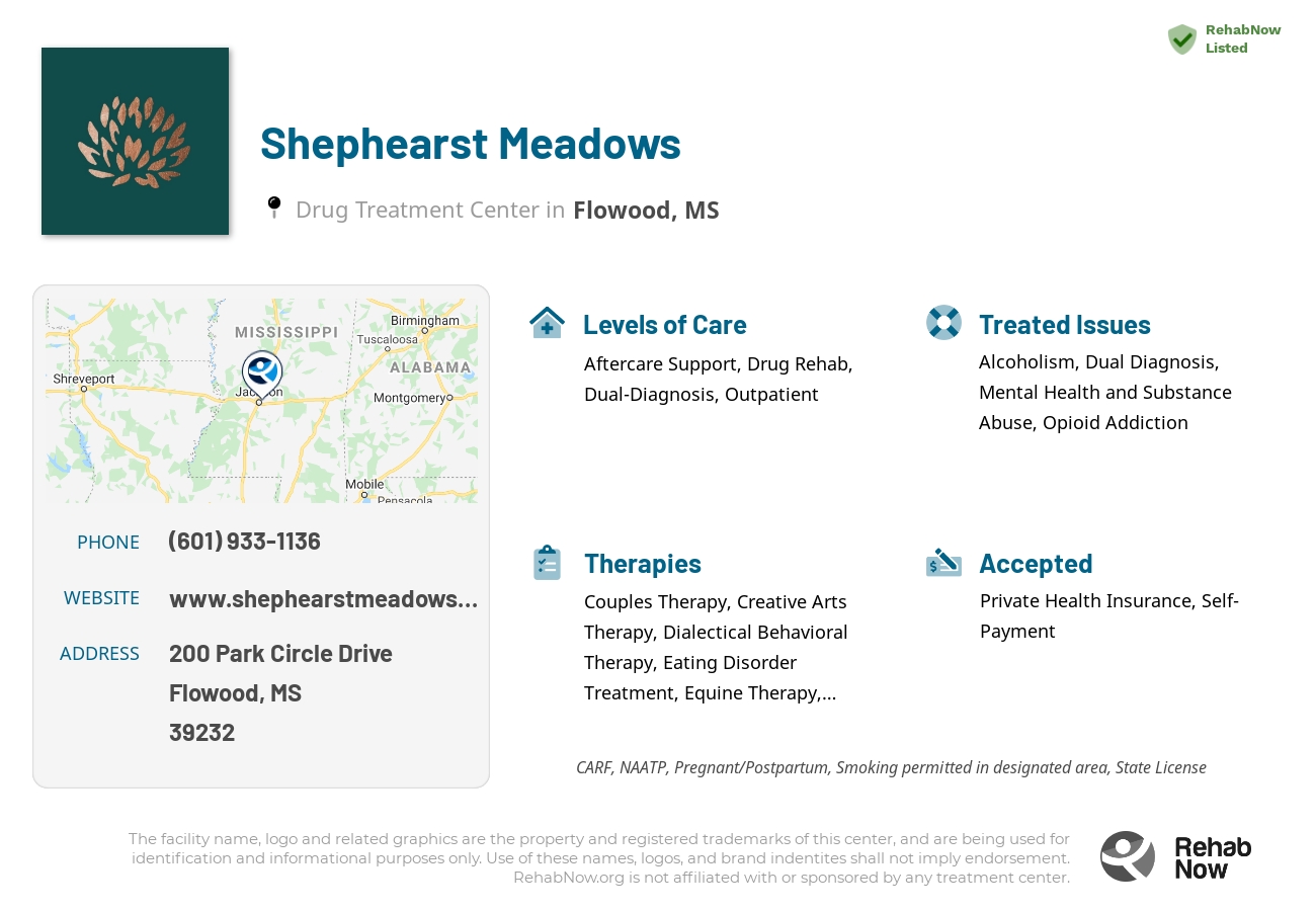 Helpful reference information for Shephearst Meadows, a drug treatment center in Mississippi located at: 200 200 Park Circle Drive, Flowood, MS 39232, including phone numbers, official website, and more. Listed briefly is an overview of Levels of Care, Therapies Offered, Issues Treated, and accepted forms of Payment Methods.