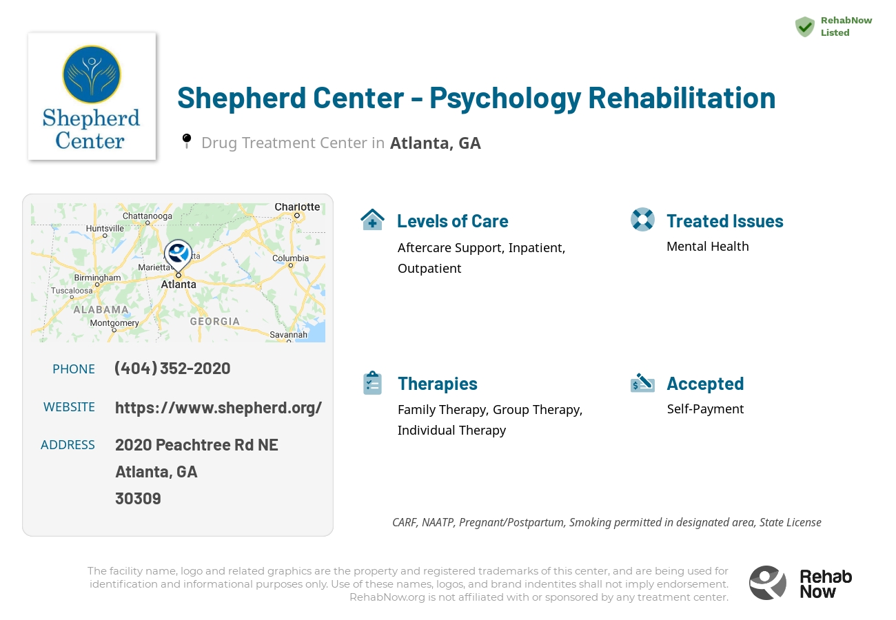 Helpful reference information for Shepherd Center - Psychology Rehabilitation, a drug treatment center in Georgia located at: 2020 Peachtree Rd NE, Atlanta, GA 30309, including phone numbers, official website, and more. Listed briefly is an overview of Levels of Care, Therapies Offered, Issues Treated, and accepted forms of Payment Methods.