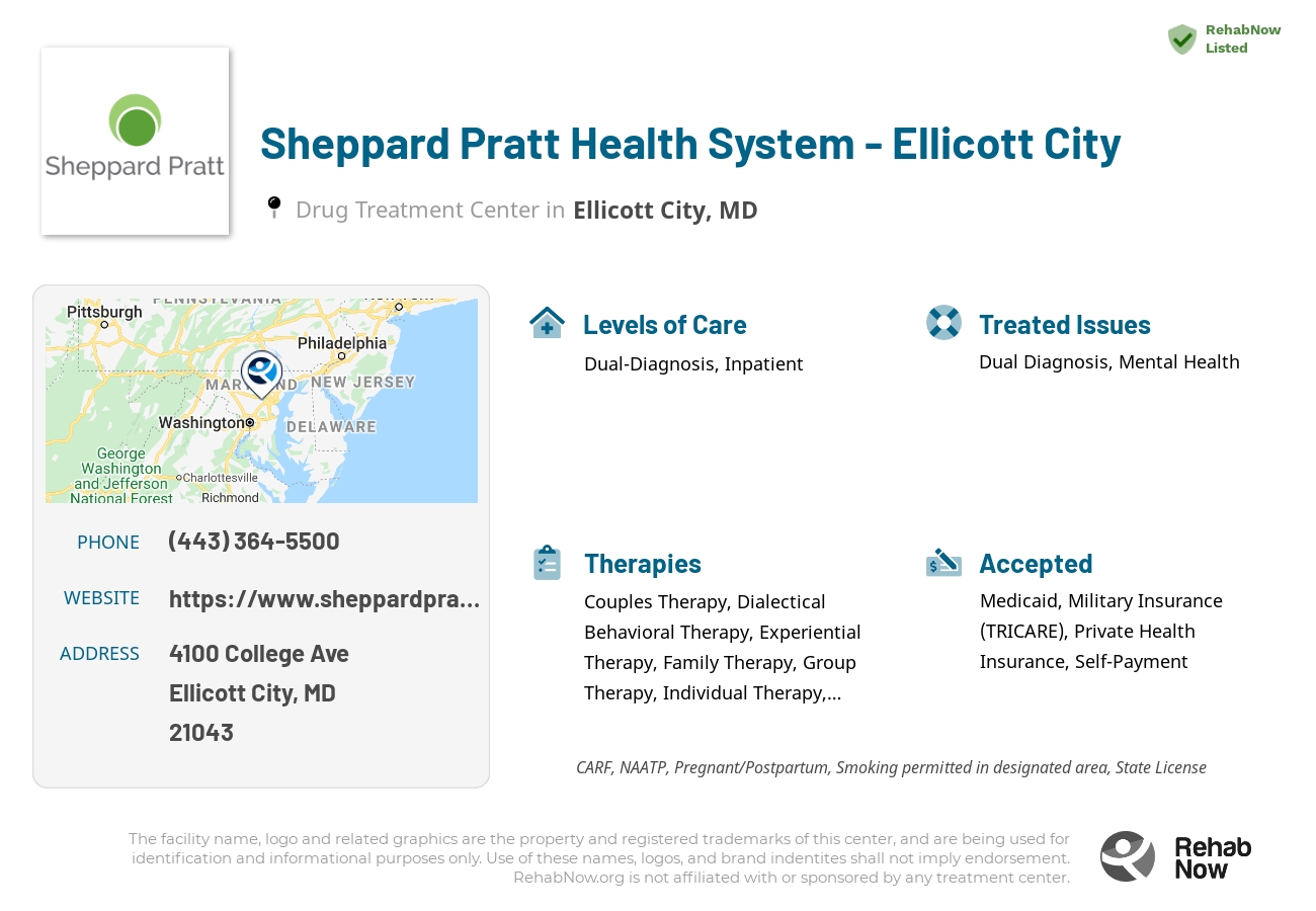 Helpful reference information for Sheppard Pratt Health System - Ellicott City, a drug treatment center in Maryland located at: 4100 College Ave, Ellicott City, MD 21043, including phone numbers, official website, and more. Listed briefly is an overview of Levels of Care, Therapies Offered, Issues Treated, and accepted forms of Payment Methods.
