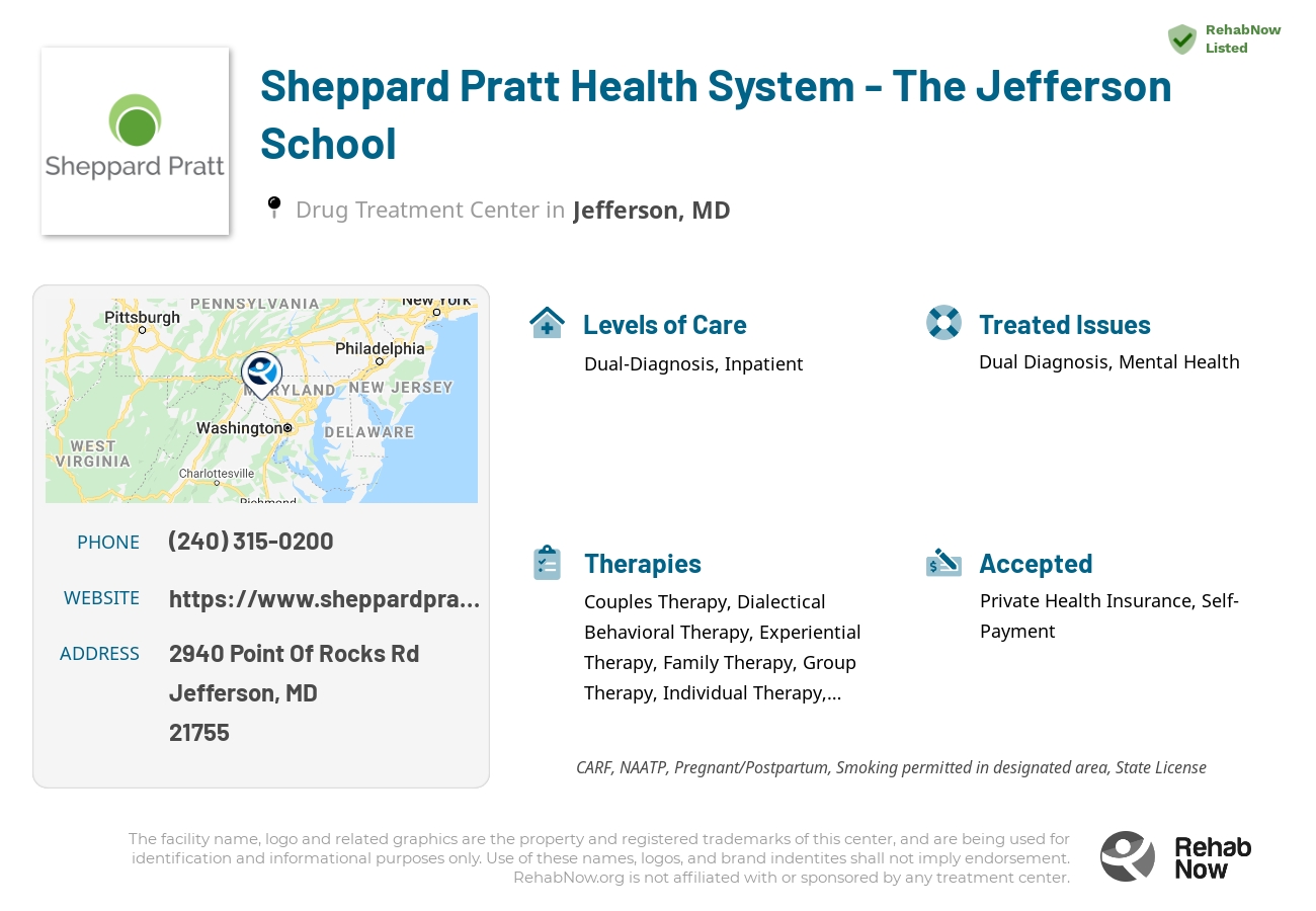 Helpful reference information for Sheppard Pratt Health System - The Jefferson School, a drug treatment center in Maryland located at: 2940 Point Of Rocks Rd, Jefferson, MD 21755, including phone numbers, official website, and more. Listed briefly is an overview of Levels of Care, Therapies Offered, Issues Treated, and accepted forms of Payment Methods.