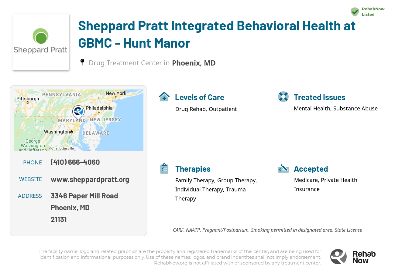 Helpful reference information for Sheppard Pratt Integrated Behavioral Health at GBMC - Hunt Manor, a drug treatment center in Maryland located at: 3346 Paper Mill Road, Phoenix, MD, 21131, including phone numbers, official website, and more. Listed briefly is an overview of Levels of Care, Therapies Offered, Issues Treated, and accepted forms of Payment Methods.