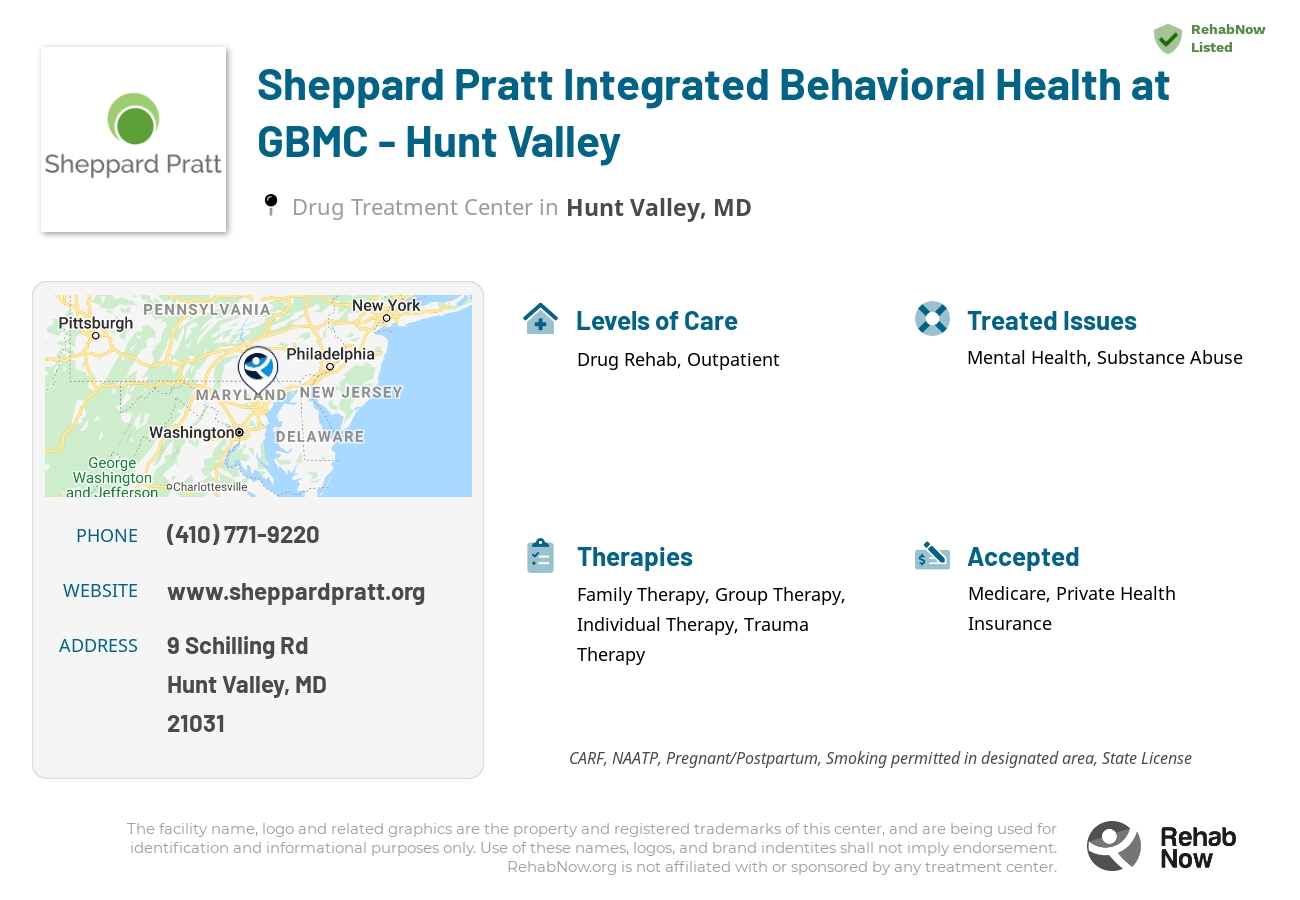 Helpful reference information for Sheppard Pratt Integrated Behavioral Health at GBMC - Hunt Valley, a drug treatment center in Maryland located at: 9 Schilling Road Suite 102, Hunt Valley, MD, 21031, including phone numbers, official website, and more. Listed briefly is an overview of Levels of Care, Therapies Offered, Issues Treated, and accepted forms of Payment Methods.