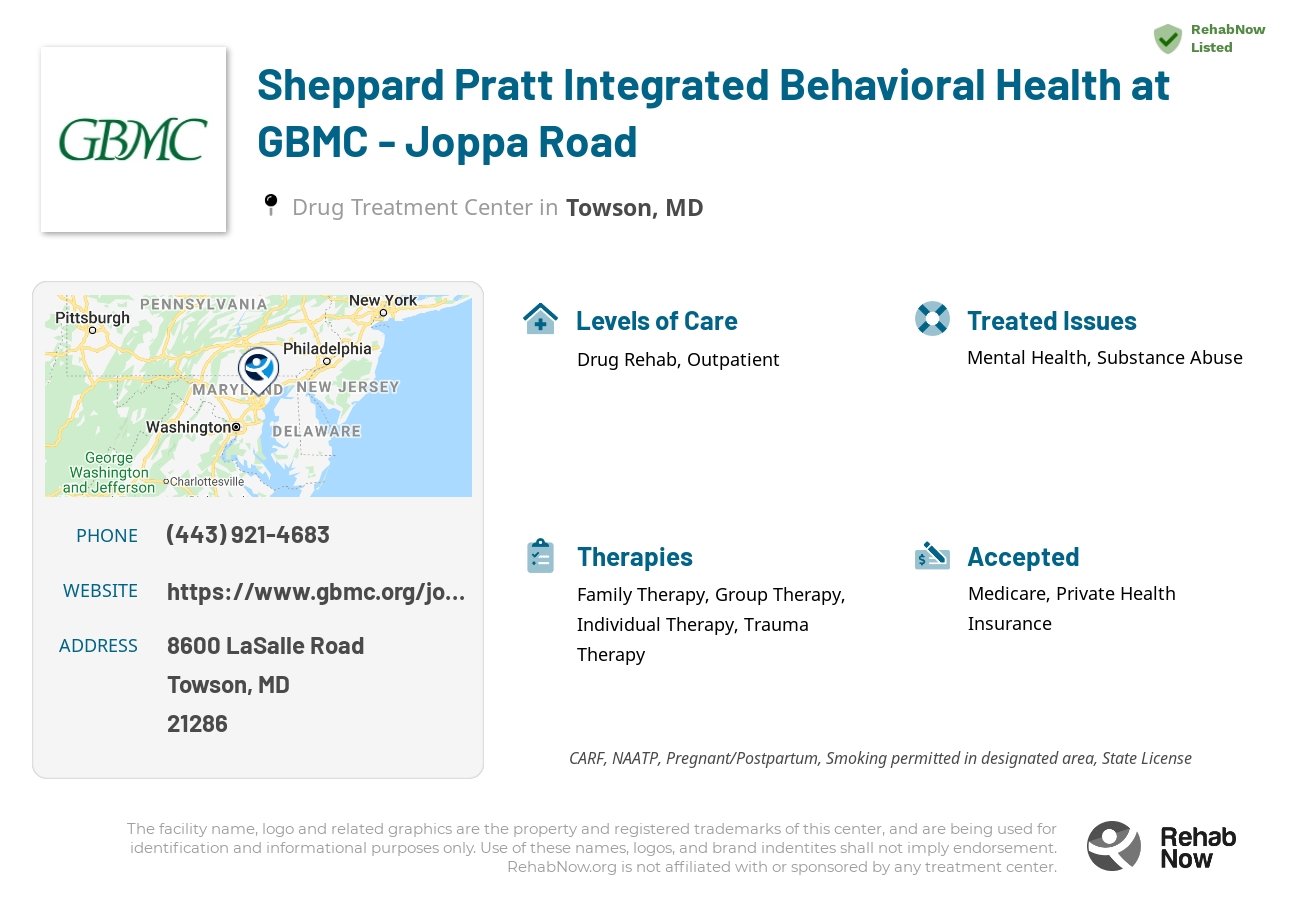 Helpful reference information for Sheppard Pratt Integrated Behavioral Health at GBMC - Joppa Road, a drug treatment center in Maryland located at: 8600 LaSalle Road, Suite 100 Potomac Building, Towson, MD, 21286, including phone numbers, official website, and more. Listed briefly is an overview of Levels of Care, Therapies Offered, Issues Treated, and accepted forms of Payment Methods.