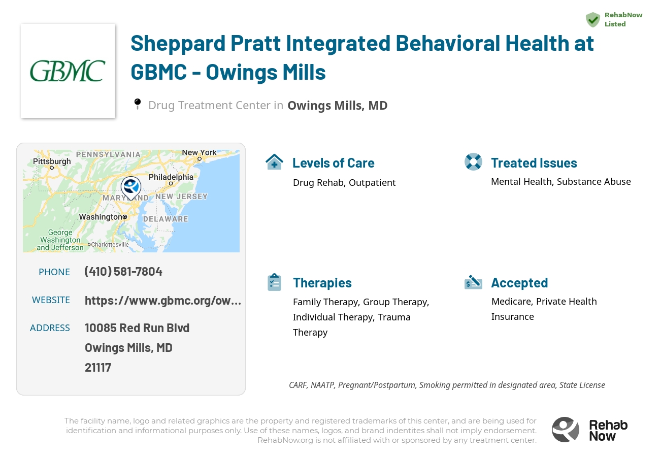 Helpful reference information for Sheppard Pratt Integrated Behavioral Health at GBMC - Owings Mills, a drug treatment center in Maryland located at: 10085 Red Run Boulevard Suite 105, 306, Owings Mills, MD, 21117, including phone numbers, official website, and more. Listed briefly is an overview of Levels of Care, Therapies Offered, Issues Treated, and accepted forms of Payment Methods.