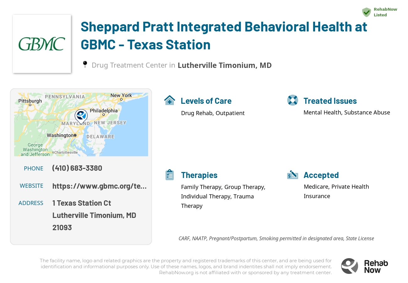 Helpful reference information for Sheppard Pratt Integrated Behavioral Health at GBMC - Texas Station, a drug treatment center in Maryland located at: 1 Texas Station Court Suite 210, Lutherville Timonium, MD, 21093, including phone numbers, official website, and more. Listed briefly is an overview of Levels of Care, Therapies Offered, Issues Treated, and accepted forms of Payment Methods.