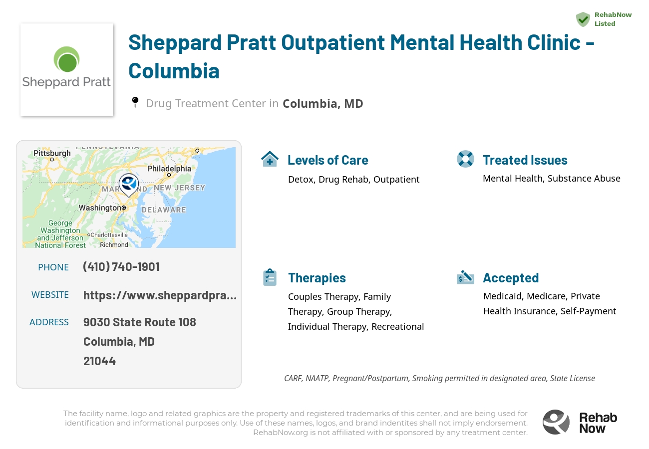 Helpful reference information for Sheppard Pratt Outpatient Mental Health Clinic - Columbia, a drug treatment center in Maryland located at: 9030 Route 108 Suite A, Columbia, MD, 21044, including phone numbers, official website, and more. Listed briefly is an overview of Levels of Care, Therapies Offered, Issues Treated, and accepted forms of Payment Methods.