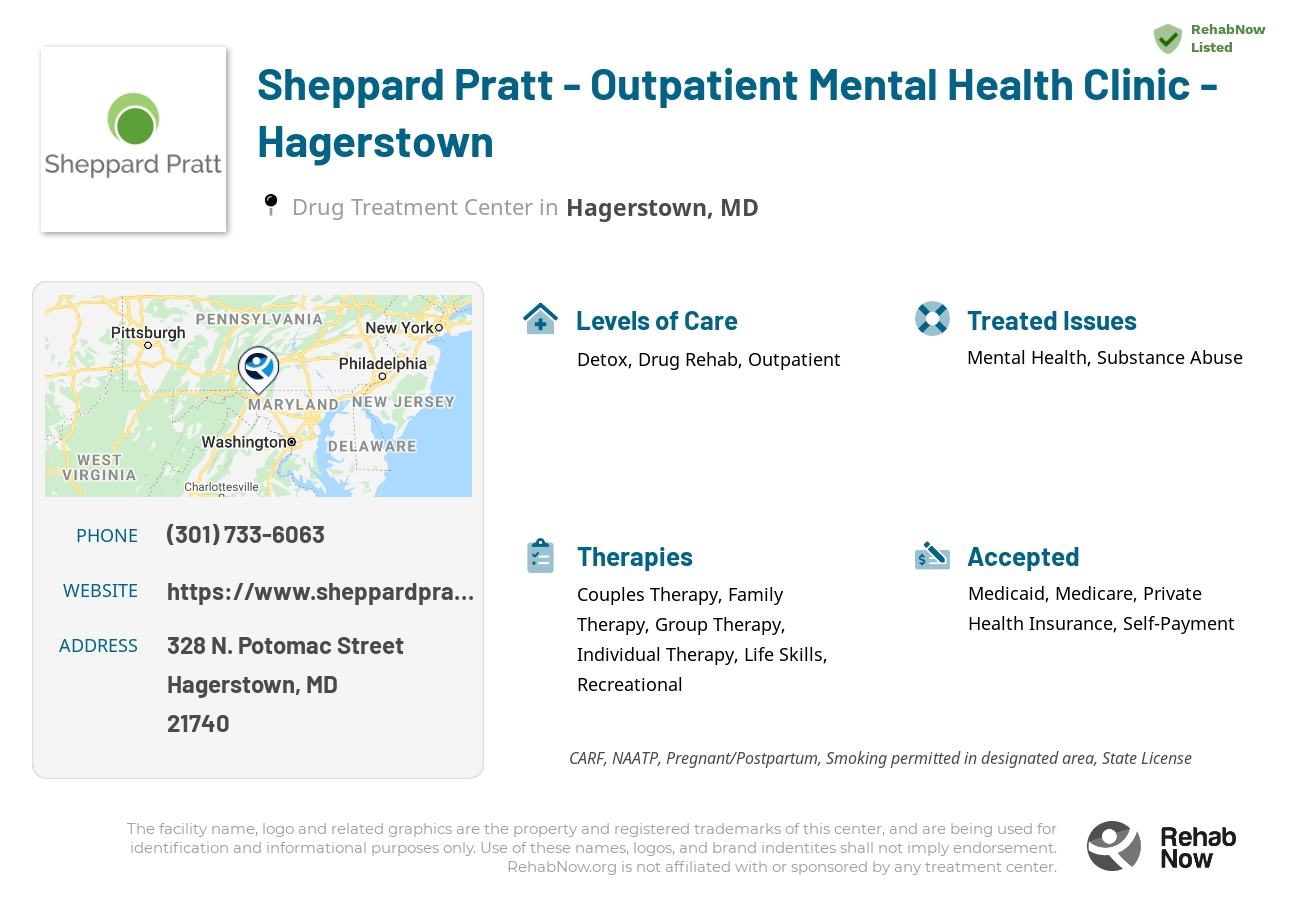 Helpful reference information for Sheppard Pratt - Outpatient Mental Health Clinic - Hagerstown, a drug treatment center in Maryland located at: 328 N. Potomac Street, Hagerstown, MD, 21740, including phone numbers, official website, and more. Listed briefly is an overview of Levels of Care, Therapies Offered, Issues Treated, and accepted forms of Payment Methods.