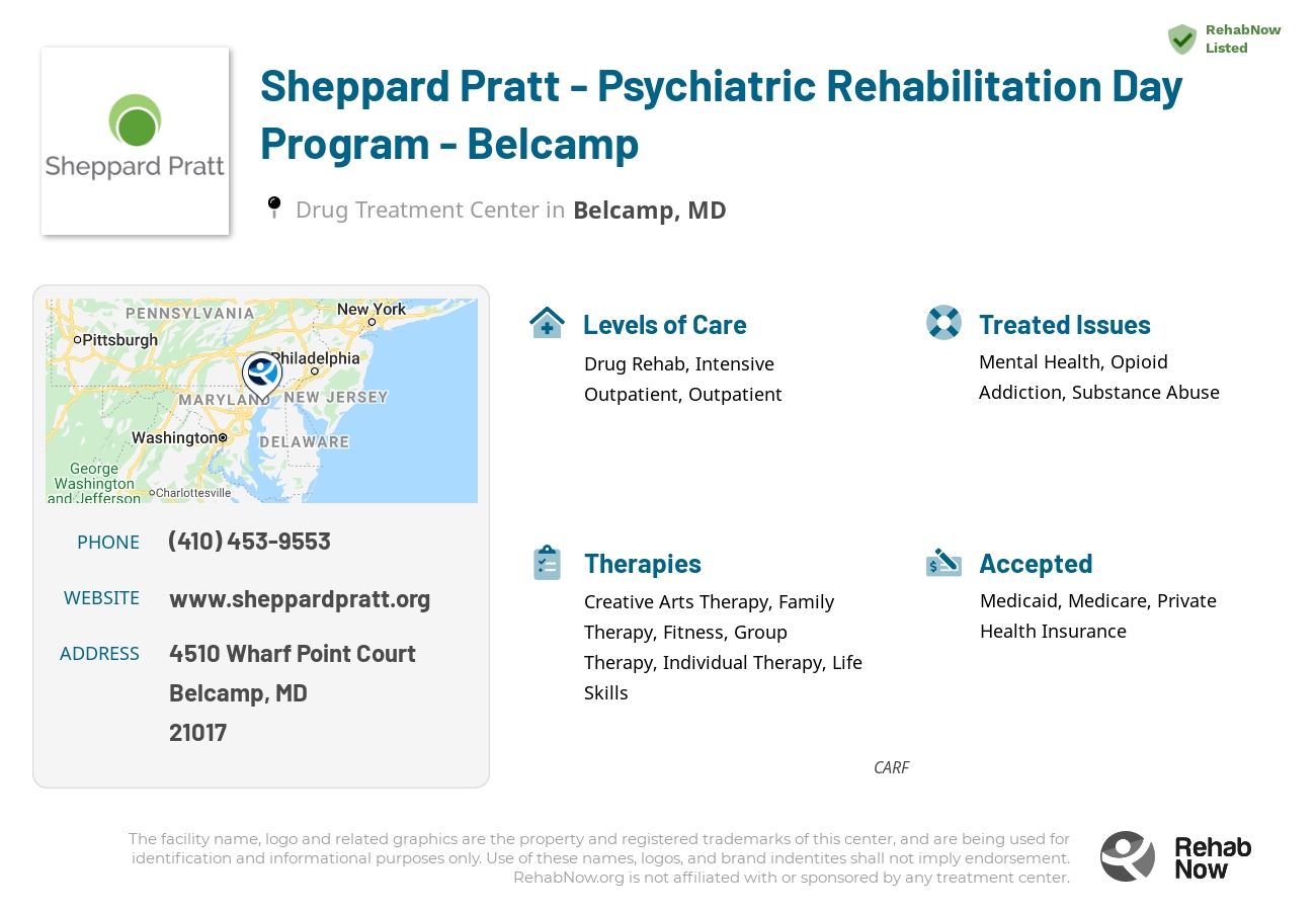Helpful reference information for Sheppard Pratt - Psychiatric Rehabilitation Day Program - Belcamp, a drug treatment center in Maryland located at: 4510 Wharf Point Court, Belcamp, MD, 21017, including phone numbers, official website, and more. Listed briefly is an overview of Levels of Care, Therapies Offered, Issues Treated, and accepted forms of Payment Methods.