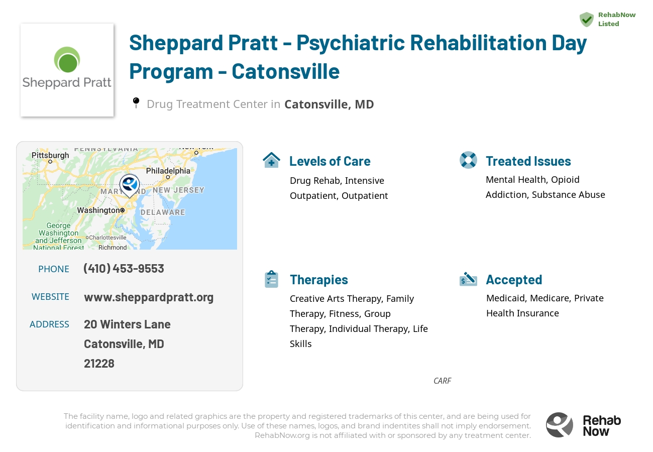 Helpful reference information for Sheppard Pratt - Psychiatric Rehabilitation Day Program - Catonsville, a drug treatment center in Maryland located at: 20 Winters Lane, Catonsville, MD, 21228, including phone numbers, official website, and more. Listed briefly is an overview of Levels of Care, Therapies Offered, Issues Treated, and accepted forms of Payment Methods.